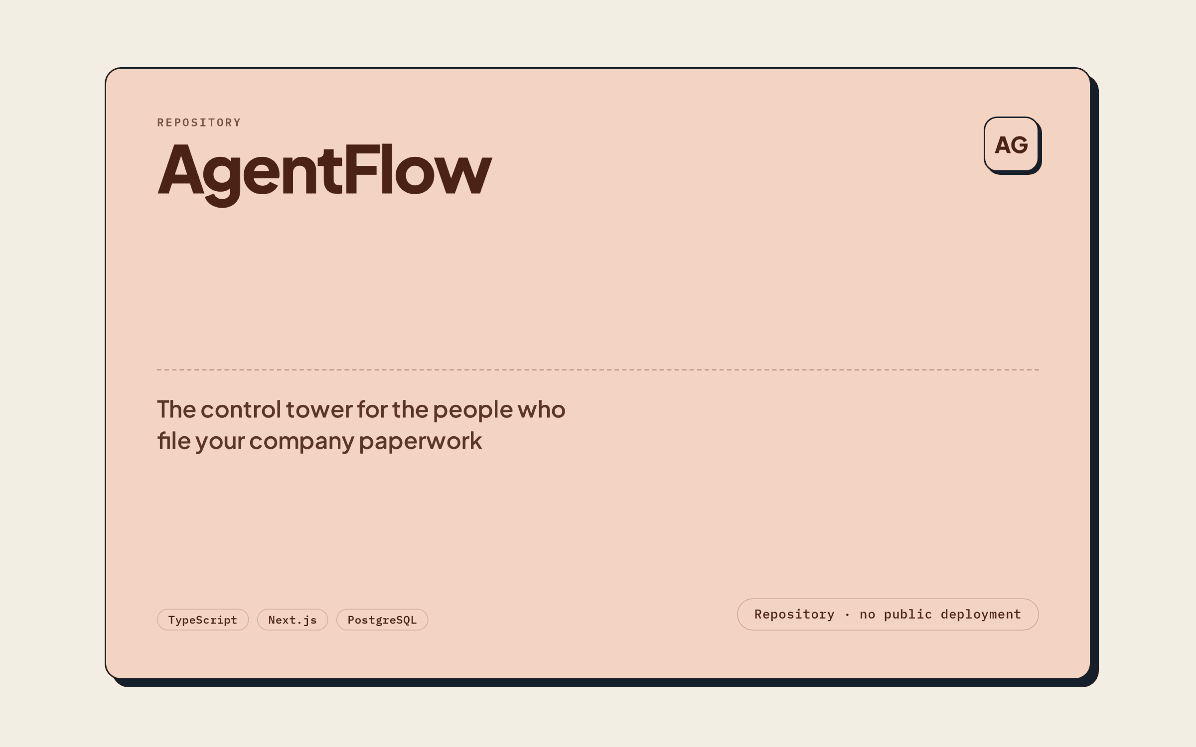 AgentFlow — repository cover stating the stack and that there is no public deployment