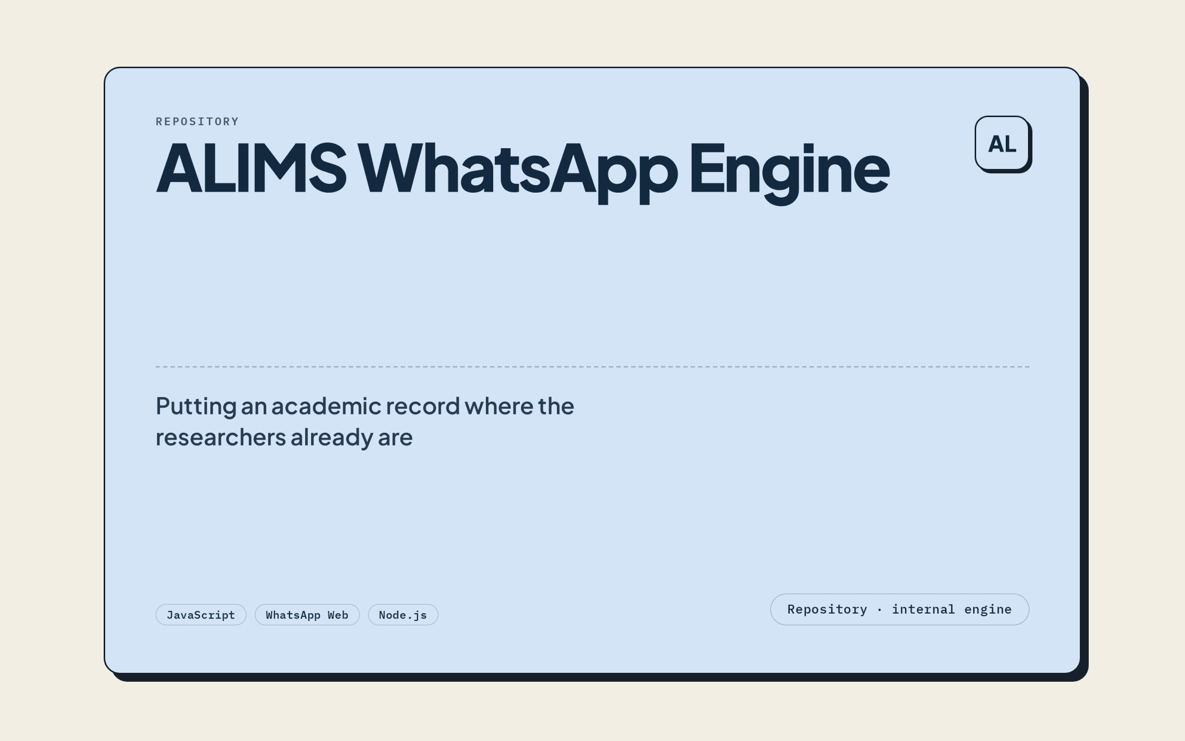 ALIMS WhatsApp Engine — repository cover stating the stack, described as an internal engine