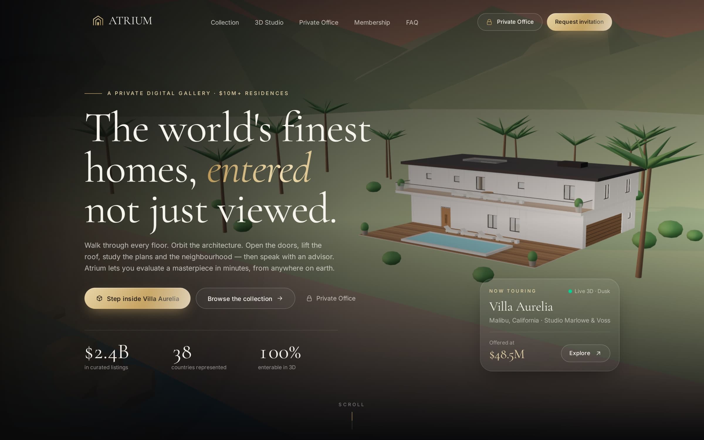 Atrium's landing page: a private estate presented over an interactive 3D scene