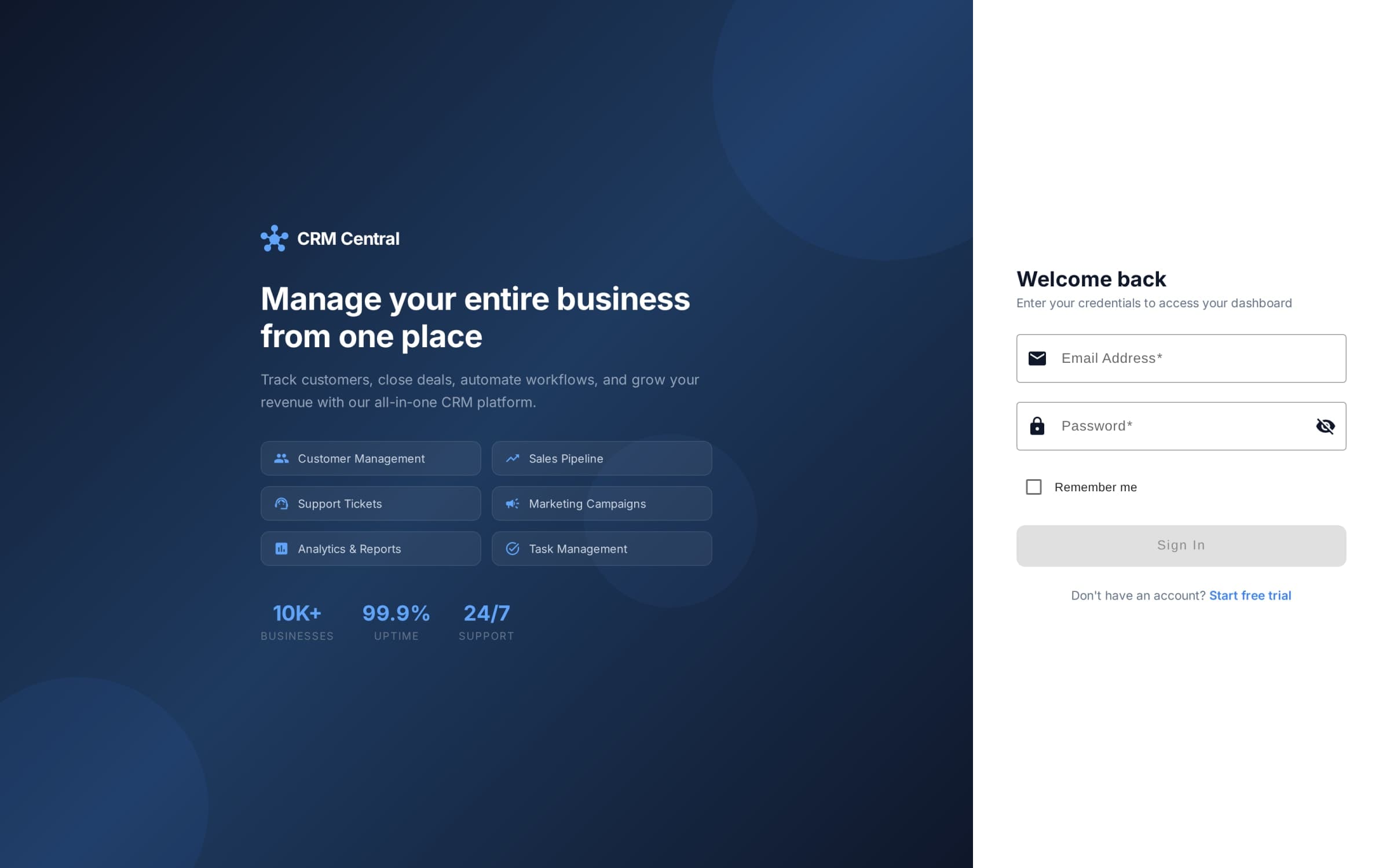 CRM Central's sign-in screen, with the platform's six capability areas listed beside it