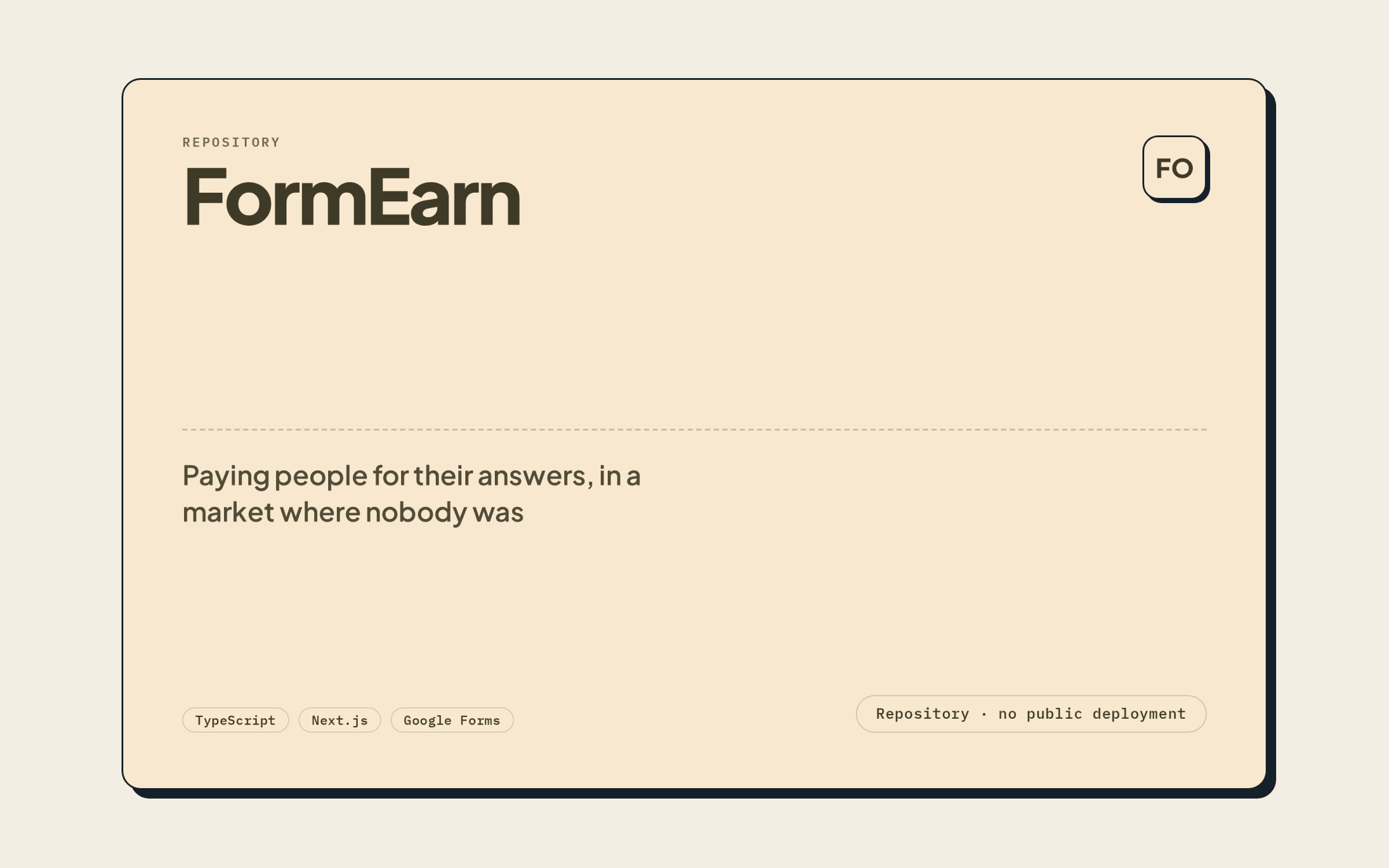 FormEarn — repository cover stating the stack and that there is no public deployment