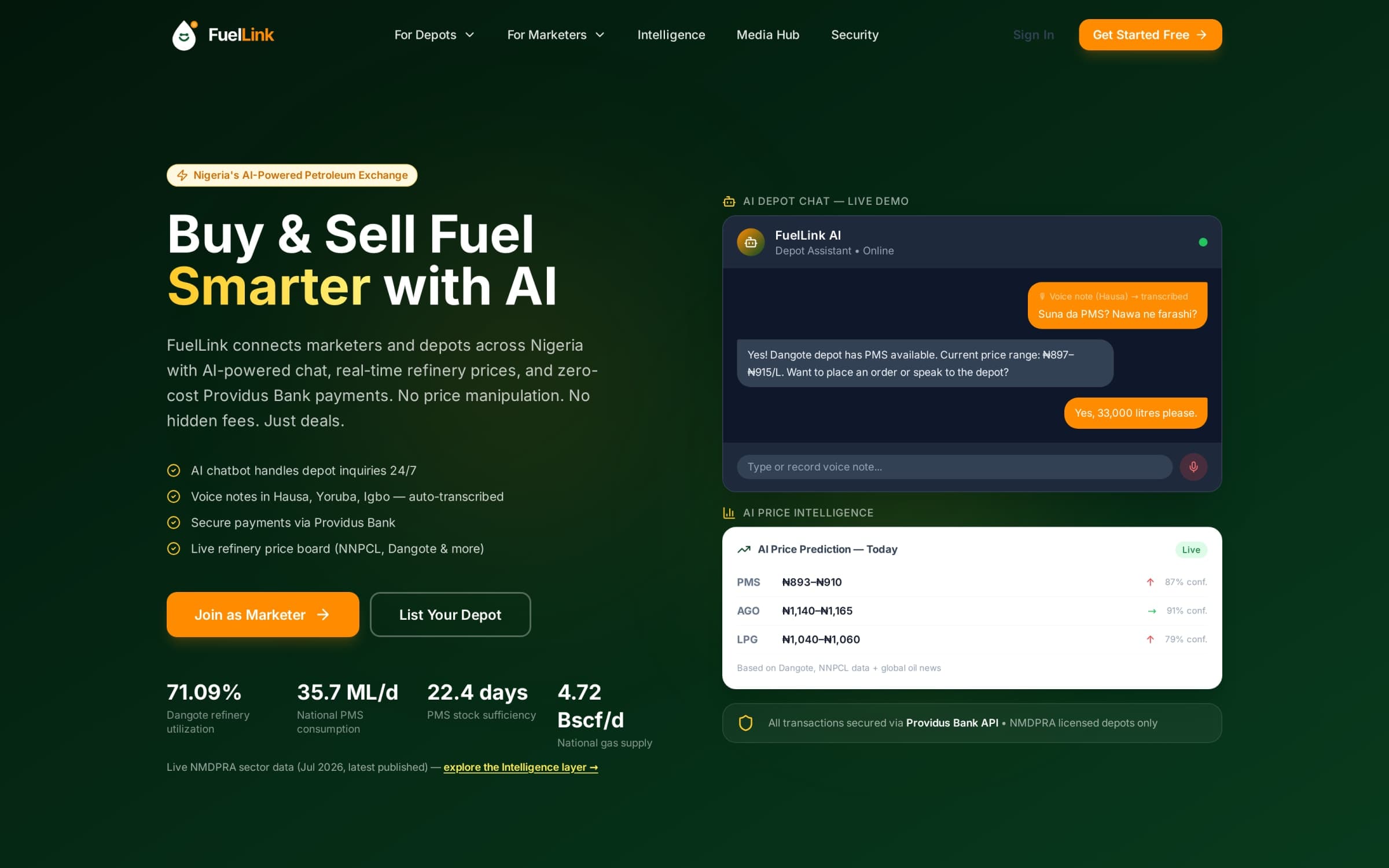 FuelLink's landing page: an AI depot chat transcribing a Hausa voice note beside a live refinery price board