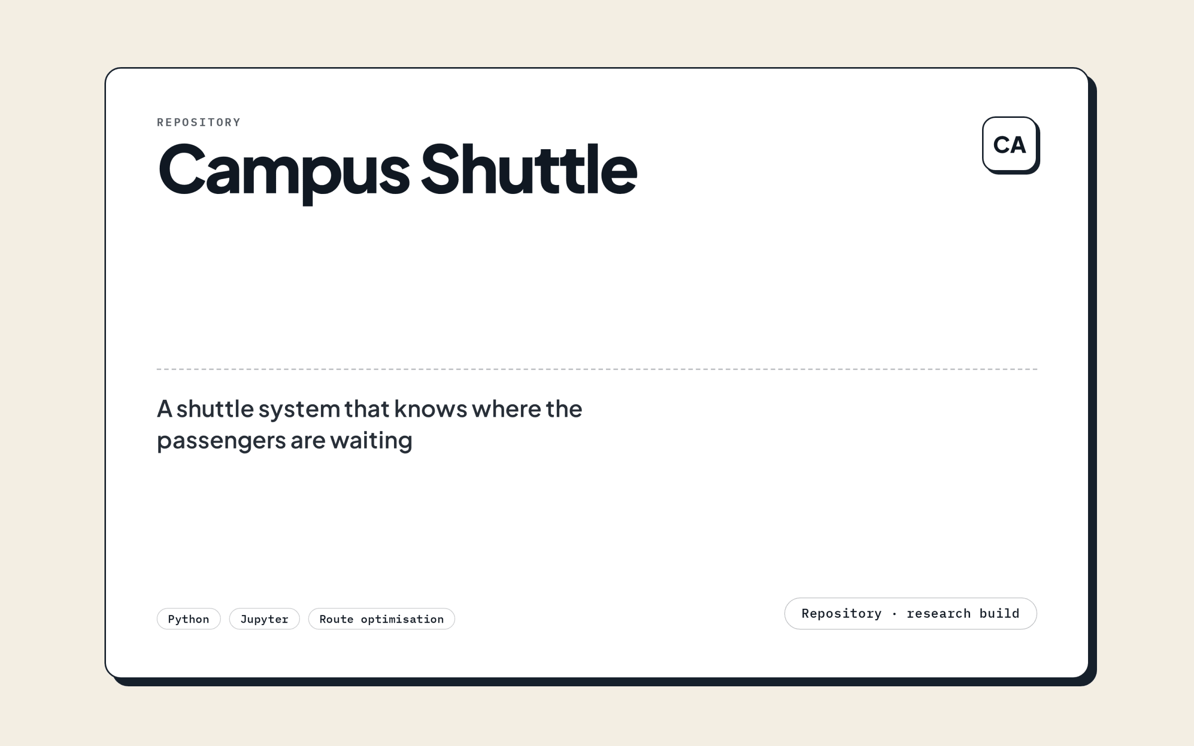 Campus Shuttle — repository cover stating the stack, described as a research build