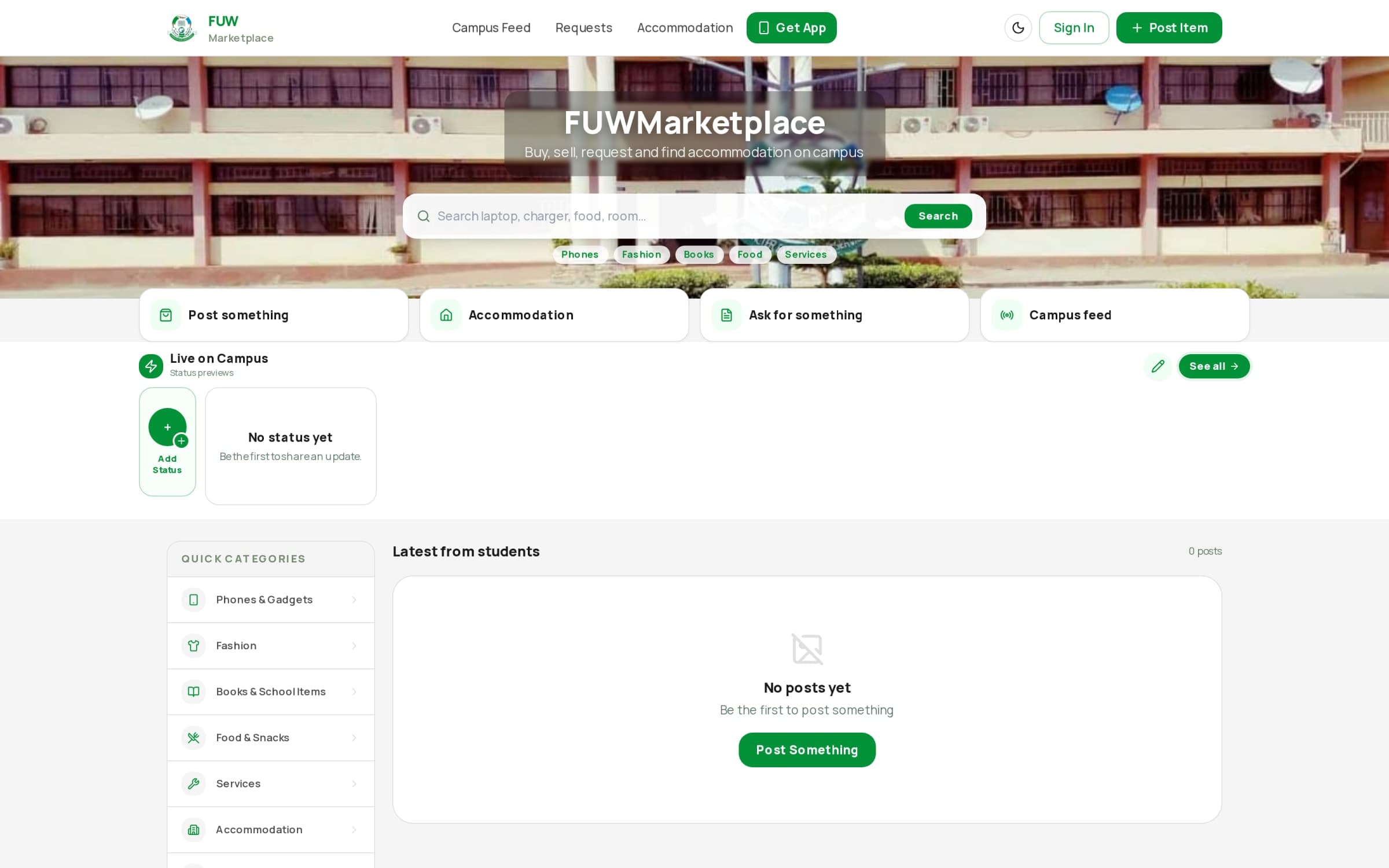 FUWMarketplace on a phone: the welcome screen offering buy, sell and housing paths