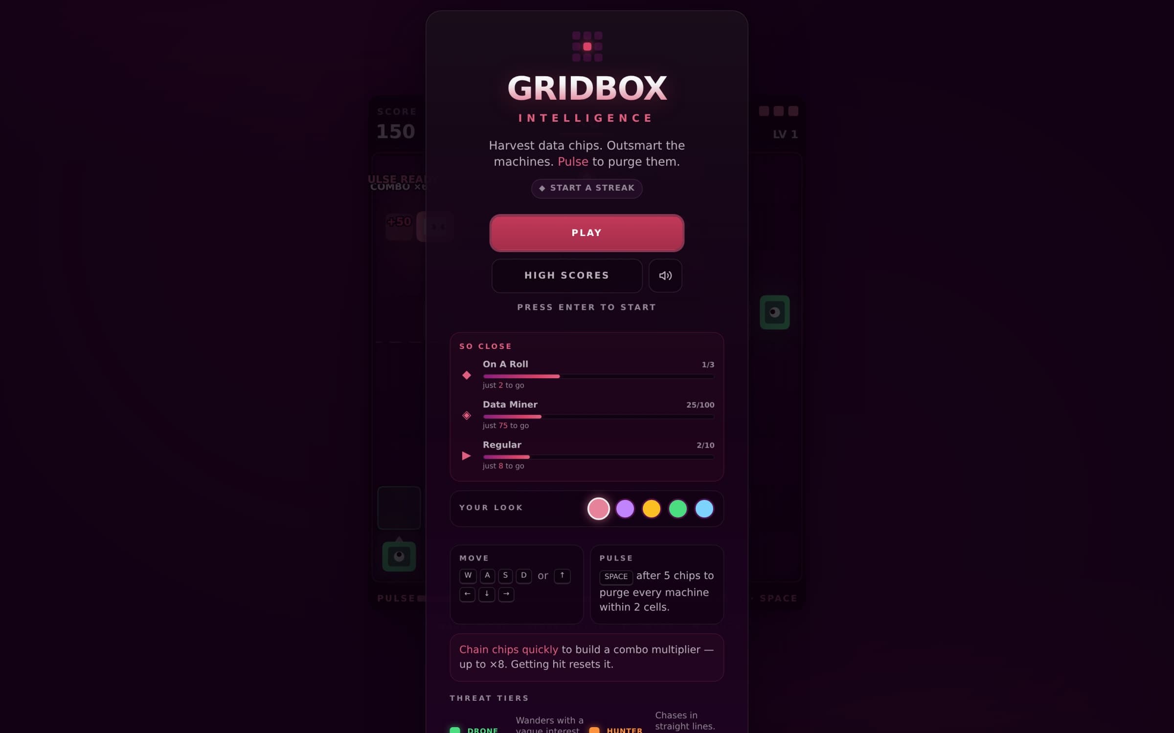 Gridbox Intelligence in play: a grid of data chips mid-run