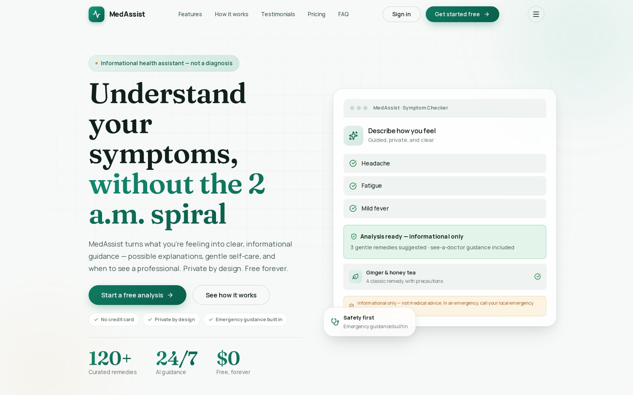 MedAssist's landing screen: a guided symptom check with an emergency escalation path