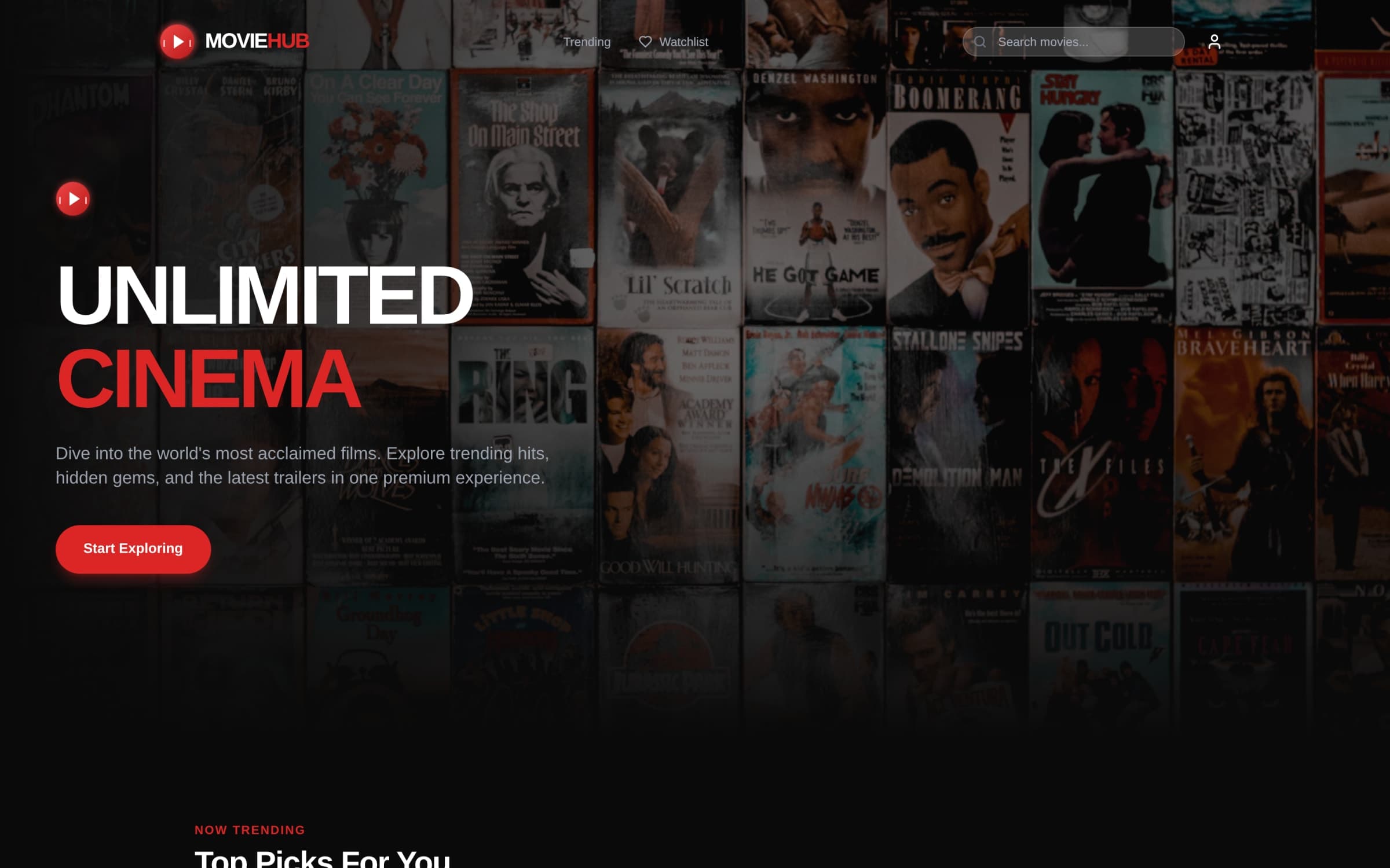 MovieHub's landing page: trending picks over a cinematic backdrop