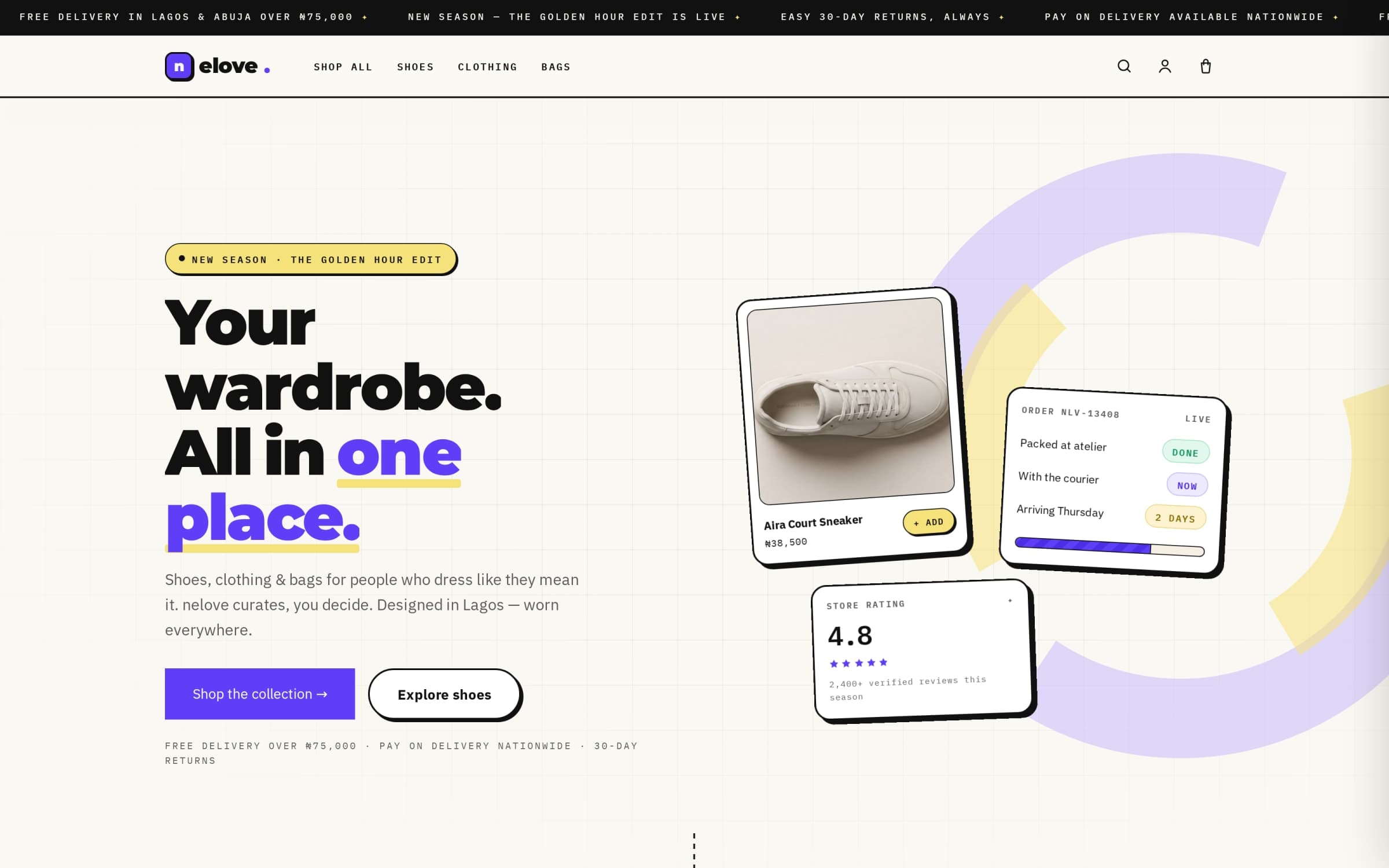 The nelove storefront: a fashion product grid with the brand's editorial styling