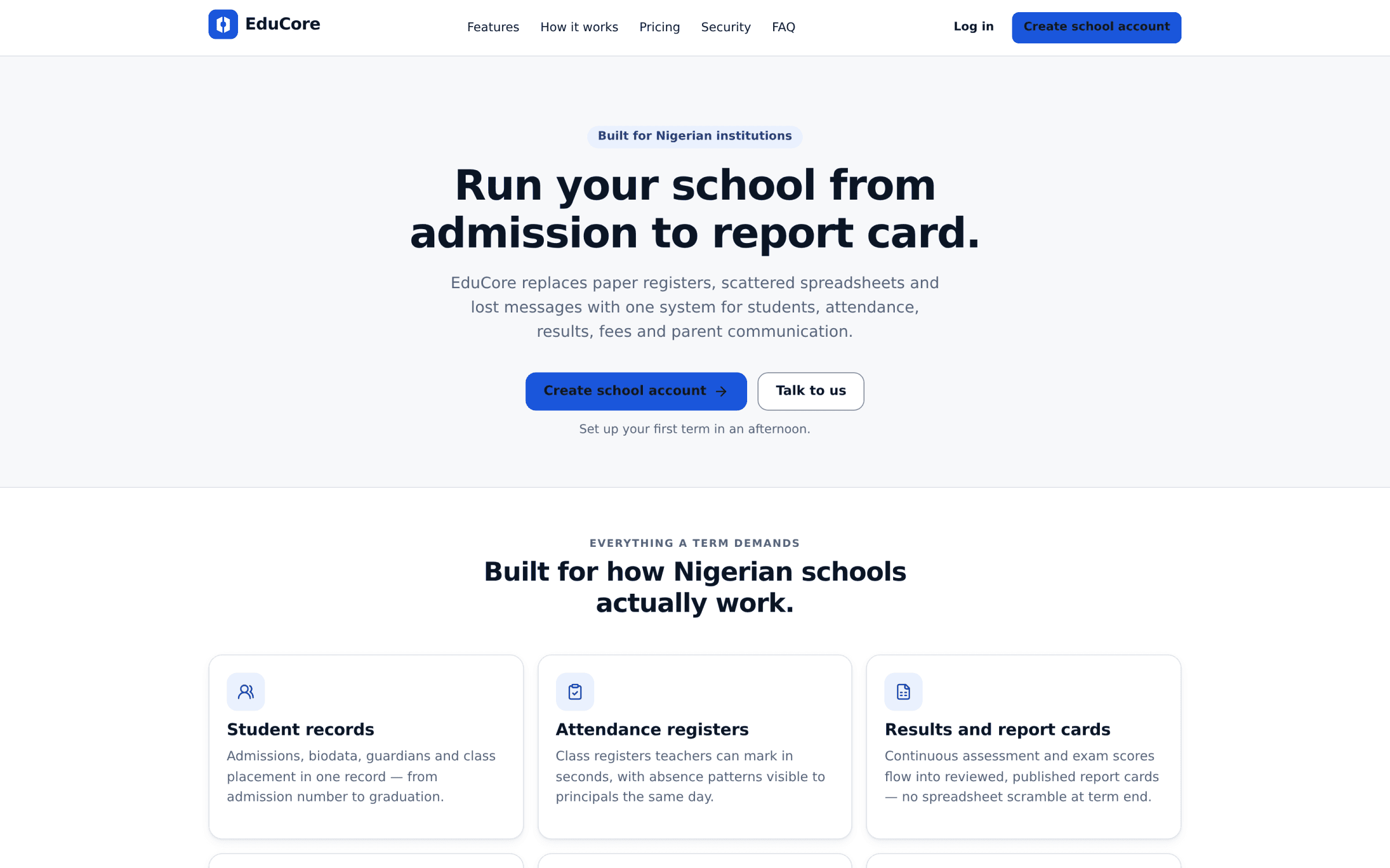 EduCore's landing page for the school management platform