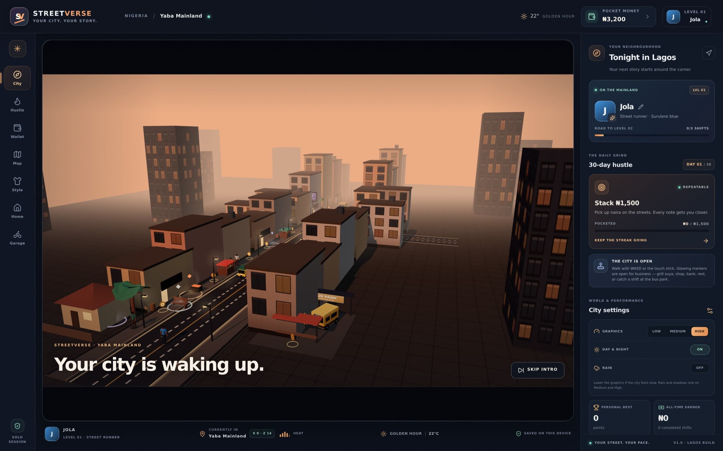 Streetverse: a 3D Lagos street scene with the courier-shift interface