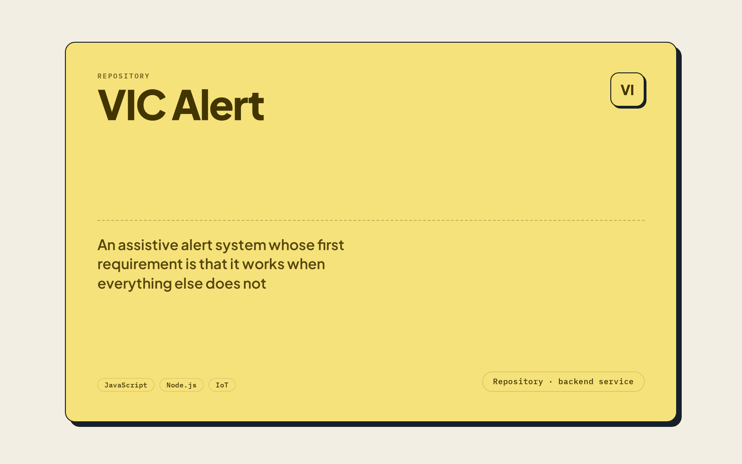 VIC Alert — repository cover stating the stack, described as a backend service
