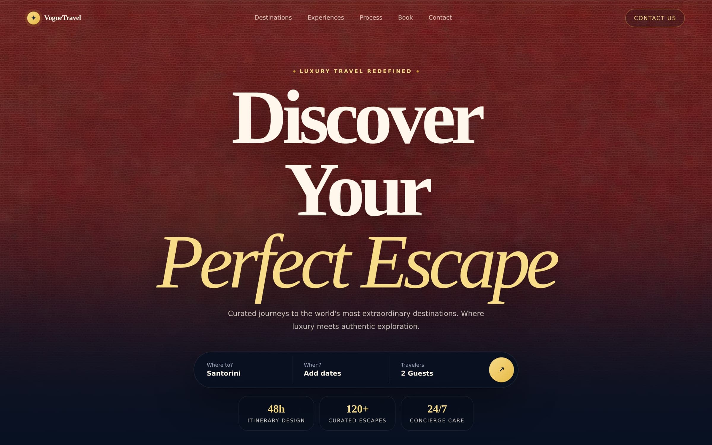 VogueTravel's destination page with gallery and pricing